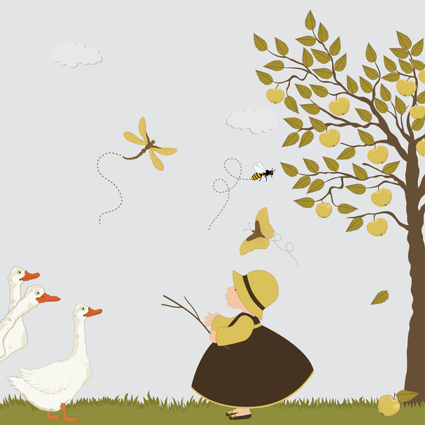 Cute girl with goose, bee and butterflies in the orchard with apple trees - Vecteur, image