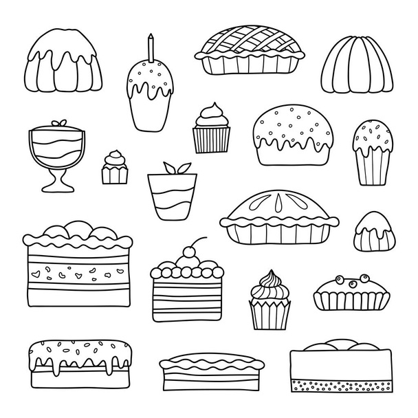 Collection of cute doodle outline cakes for birthday, easter, party, sweet cafe isolated on white background. - Вектор,изображение