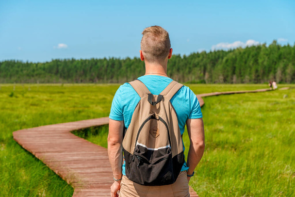 A young man walks along a picturesque wooden pedestrian path through a swamp with tall grass in summer. - Foto, imagen