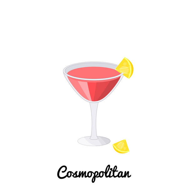 Cosmopolitan alcoholic cocktail with garnish in cartoon style isolated on white background. - Διάνυσμα, εικόνα