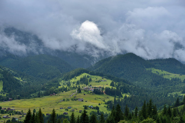 Nádherné horské údolí je pokryto mlhou po dešti zelenými alpskými loukami. Mlhavá krajina. Lokalita Karpatské hory, Ukrajina, Evropa. - Fotografie, Obrázek