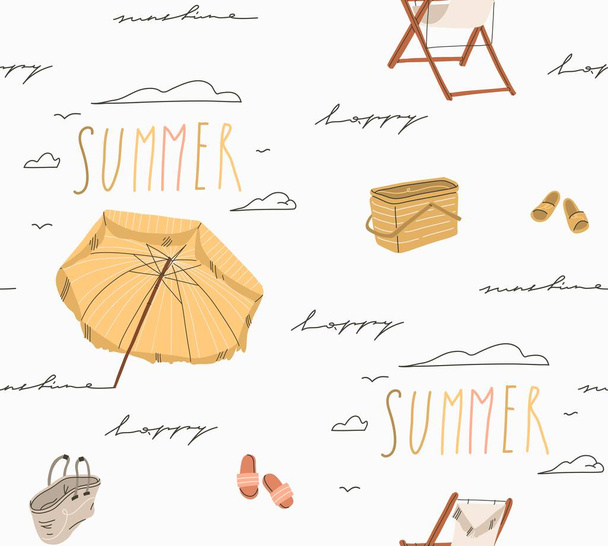 Ručně kreslený vektor abstraktní stock grafiky letní kreslené, kreativní moderní minimalistická ilustrace hladký vzor s boho plážový deštník a ručně psané písmo, izolované na bílém pozadí. - Vektor, obrázek