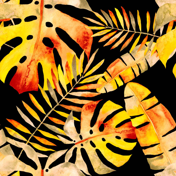 Akwarela bezszwowy wzór z kolorowymi abstrakcyjnymi liśćmi tropikalnymi. Jasny letni druk z egzotycznymi roślinami. Kreatywne modne botaniczne wzory tekstylne. - Zdjęcie, obraz