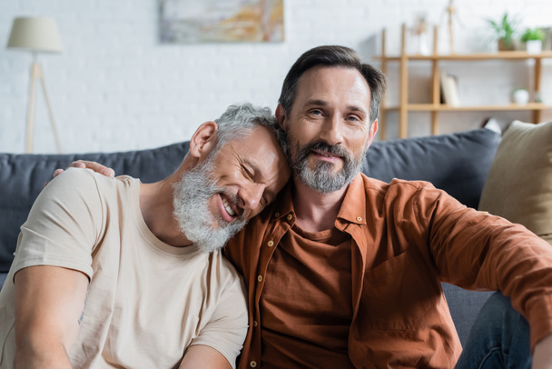 Mature man hugging smiling homosexual partner at home  - Foto, afbeelding