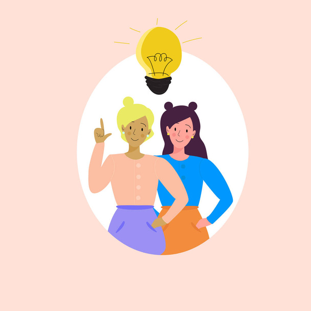 Kaksi tyttöä, vaalea nainen, ruskeaverikkö keksi idean. Lamppu. Aivoriihi. Liiketoimet - Vektori, kuva