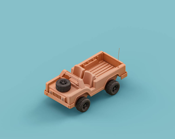 Isometrische platte oranje kleur militaire jeep speelgoed in enkele kleur turquoise, blauwe achtergrond, niemand, 3d Rendering - Foto, afbeelding