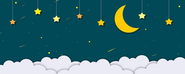 Mond mit Sternen und Wolken in Mitternacht, Nachtkonzept, Raum für den Text. Stil des Papierschnitts. - Foto, Bild