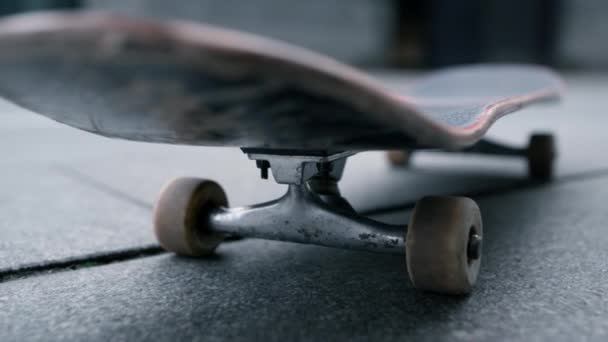 Skateboard διαμονή στο πεζοδρόμιο το πρωί του καλοκαιριού. Έννοια ακραίων σπορ. - Πλάνα, βίντεο