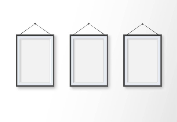 Set of realistic empty vertical blank pictures frame at light background. Mock up template for your design or modern interior. Photo frames hanging on the wall. Vector illustration - Vector, Image