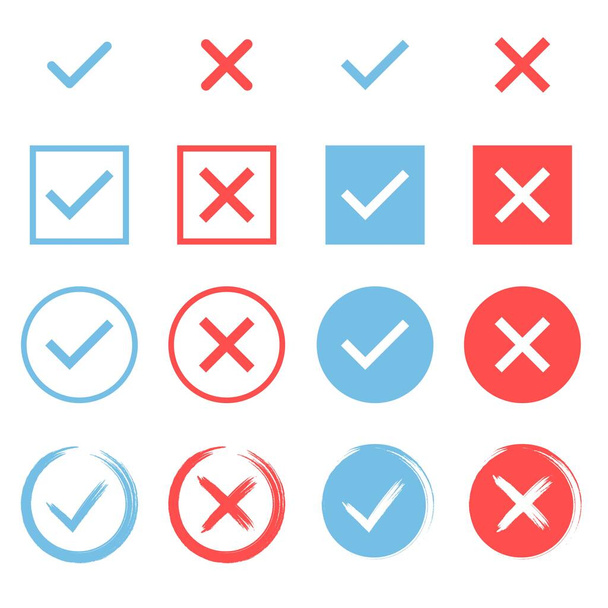 Set of check marks. Blue tick and red cross. YES or NO accept and decline symbol. Buttons for vote, election choice. Empty, square frame, circle and brush. Check mark OK and X icons. Vector - Vector, Image