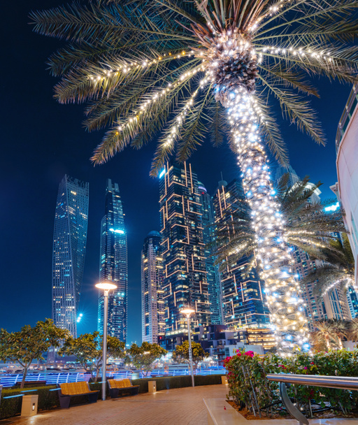A palm tree decorated with numerous lights at night on the Dubai Marina embankment with stunning skyscrapers in the background - Φωτογραφία, εικόνα