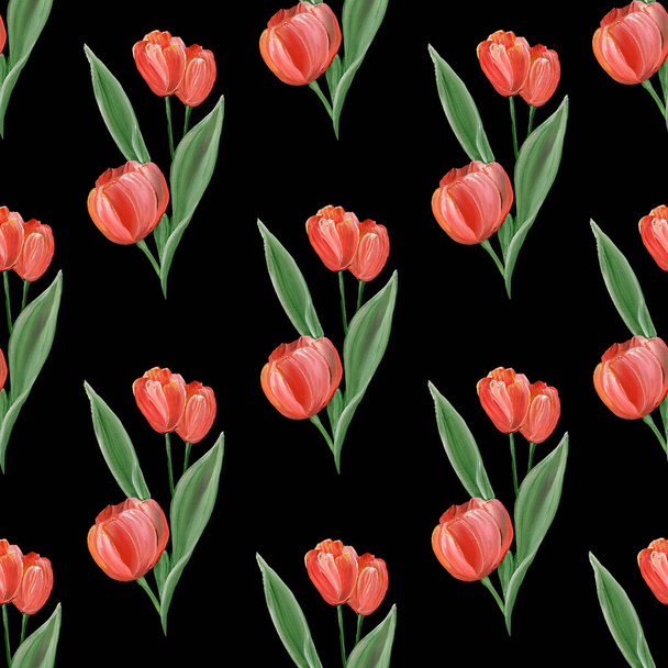 Red tulips with leaves on a black background. Watercolor illustration. Spring flowers. Seamless pattern. For textiles, packaging, postcards. - Фото, зображення