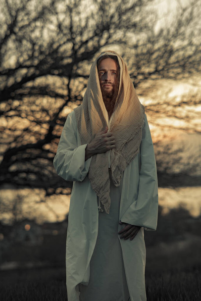 Jesus Cristo caminha no prado vestido com seu tradicional manto branco contra o céu e o fundo da árvore ao pôr do sol. - Foto, Imagem