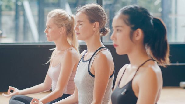 Young diversity sporty people practicing yoga lesson with instructor. Multi racial group of women exercising healthy lifestyle in fitness studio. Sport activity, gymnastics or ballet dancing class. - Fotoğraf, Görsel