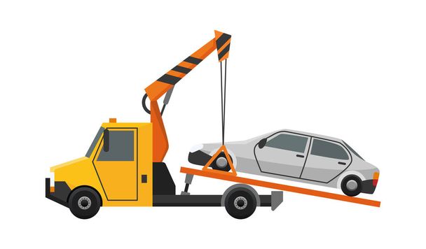 Tow truck. Flat faulty car loaded on a tow truck. Vehicle repair service which provides assistance damaged or salvaged cars - Vektör, Görsel