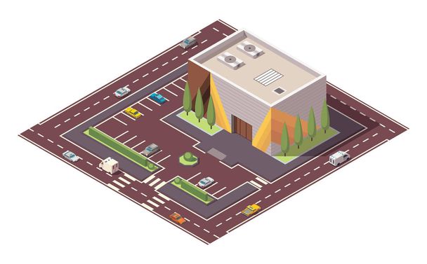Isometric supermarket or grocery store building and street. Vector isometric icon or infographic element representing mall building with parking lot. 3D shop market for city infrastructure - Vector, Image