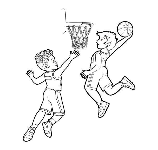 Malbuch junge Basketballer werfen einen Ball in einen Basketballkorb. Vector im Cartoon-Stil, Schwarz-Weiß-Linienkunst - Vektor, Bild