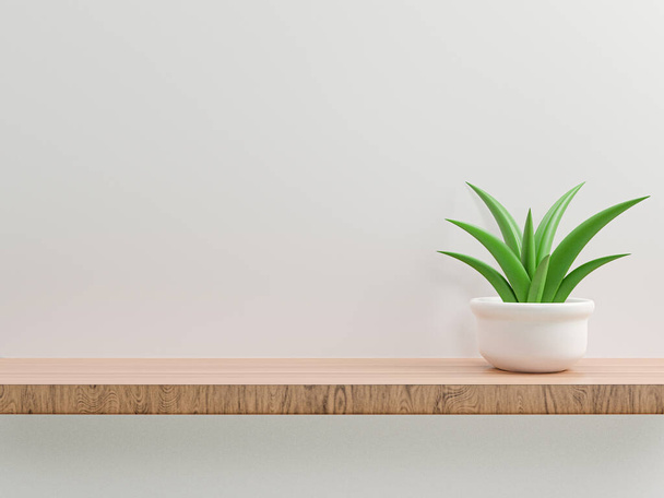 Wooden blank shelf with plant on white wall background and copy space for display product presentation and advertisement. 3d render - 写真・画像