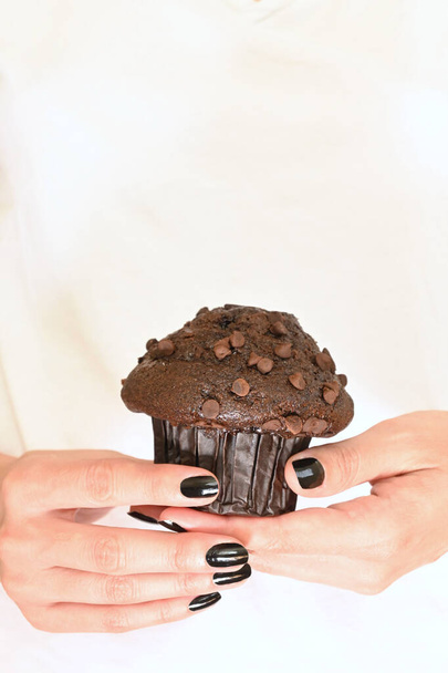Chocolate muffin between women's hands, international chocolate day - Foto, imagen