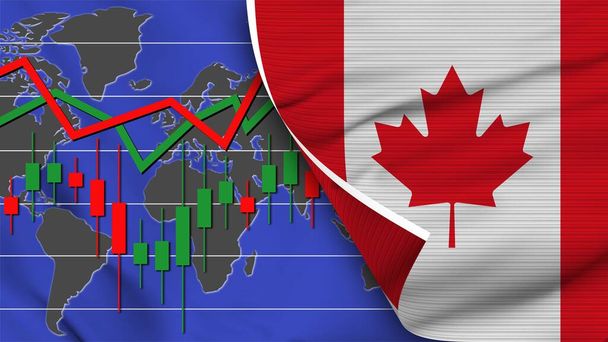 Kanada Realistische Flagge, Aktienfinanzmarkt, Weltkarte, Textureffekt 3D-Illustration - Foto, Bild