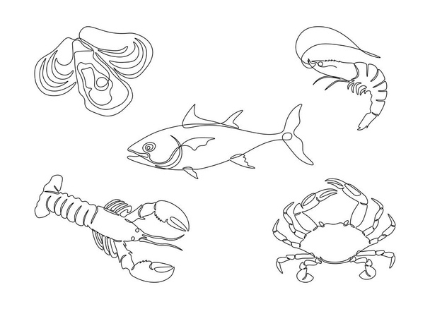 Meeresfrüchte in einer Linie Kunststil gesetzt. Hummer, Fisch, Krabben, Garnelen, Austern einzeilige Zeichnung. Symbole für Speisekarten im Restaurant, Vektorillustration - Vektor, Bild