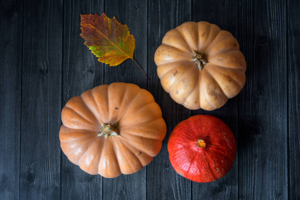 Der Holztisch ist mit Gemüse, Kürbissen, Mais und Herbstblättern dekoriert. Herbst im Hintergrund. Thanksgiving Day oder Halloween-Konzept. - Foto, Bild