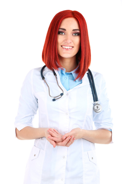 Young beautiful doctor with stethoscope isolated on white - Fotó, kép