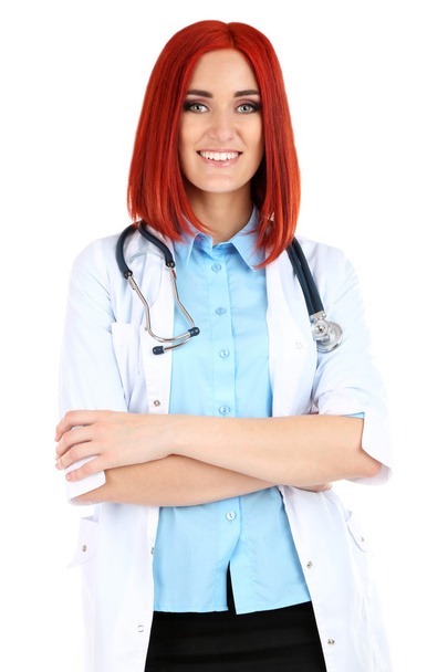 Young beautiful doctor with stethoscope isolated on white - Fotó, kép