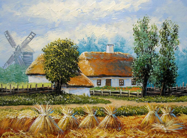 Oil絵画農村風景、古い村の背景に家と風景です。美術品 - 写真・画像