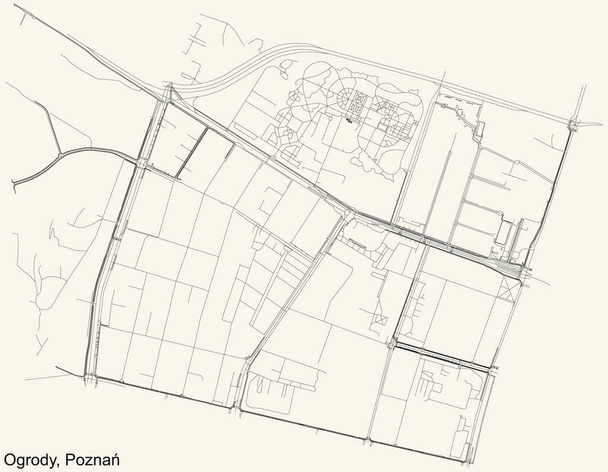 Negro simple y detallado mapa de carreteras en el fondo beige vintage del barrio Ogrody de Poznan, Polonia - Vector, imagen