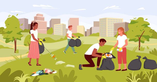 People clean dirty city park, nature save, ecology rescue, young volunteer team working - Вектор,изображение