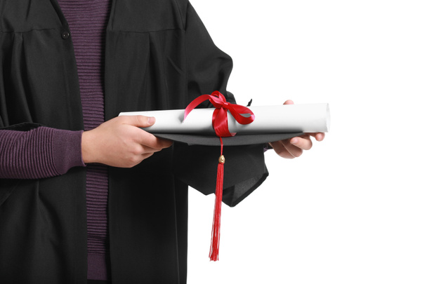 Hombre graduándose estudiante en fondo blanco, primer plano - Foto, imagen