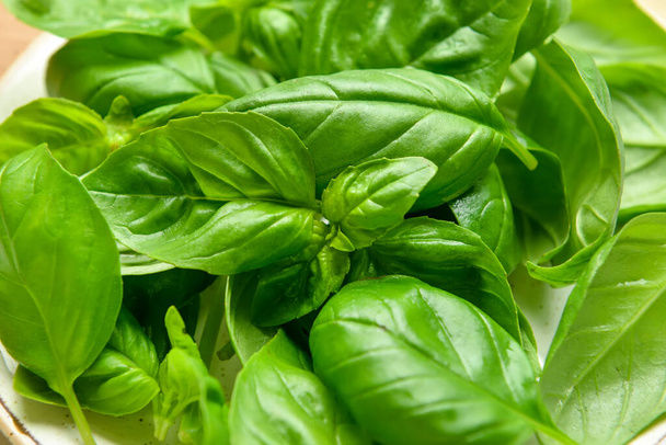 Assiette avec feuilles de basilic frais, gros plan - Photo, image
