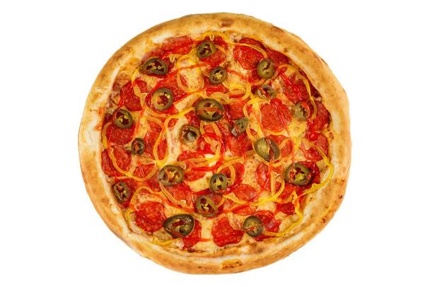 tradycyjna włoska pizza z szynką i kurczakiem, skropiona kulką - Zdjęcie, obraz