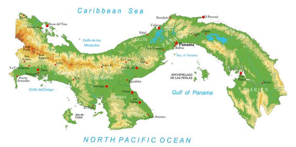 Bardzo szczegółowa mapa fizyczna Panamy, w formacie wektorowym, ze wszystkimi formami reliefowymi, regionami i dużymi miastami. - Wektor, obraz