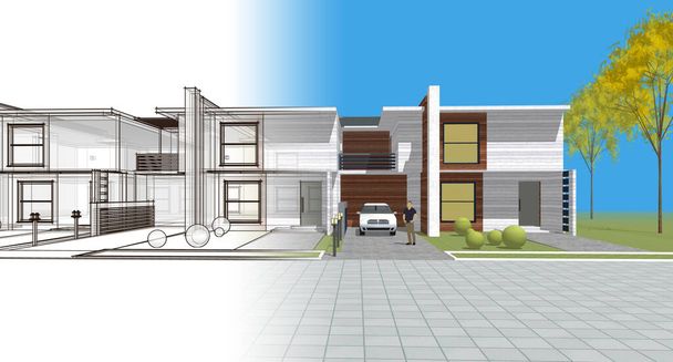 modern építészet moduláris ház 3d renderelés - Fotó, kép