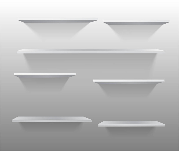 Leere weiße Ladenregale für Produktpräsentation und Branding. 3D weißes Regalset für Ausstellung und Werbung Bücherregal. 3D-Wanddisplay für Geschäfte - Vektor, Bild