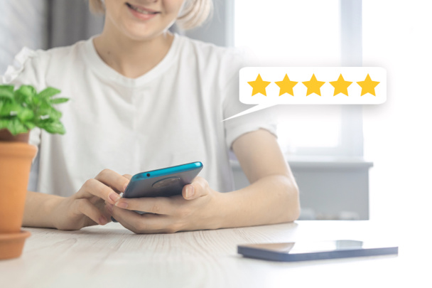 Happy customer evaluate with five star, review the service and feedback icon, concept of excellent rank for giving best score - Photo, Image