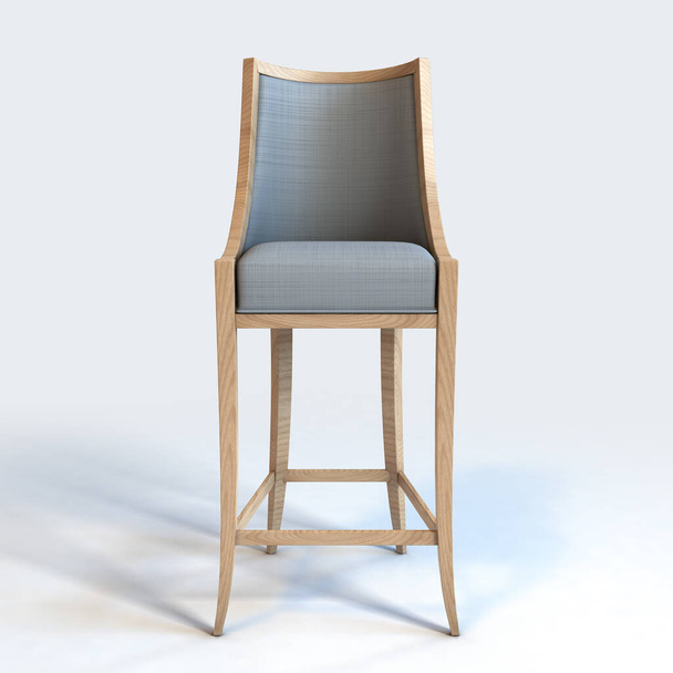 Moderní dřevěná a šedá polstrovaná francouzská barová stolička na izolovaném bílém pozadí studia - 3D vykreslování - Fotografie, Obrázek