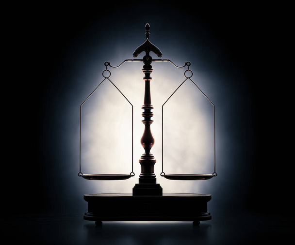 Ornate messing justitieschalen met een houten voet verlicht op een donkere humeurige achtergrond - 3D render - Foto, afbeelding