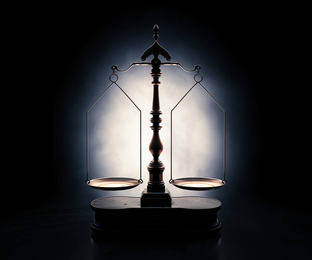 Bilance di giustizia in ottone decorato con una base in legno retroilluminato su uno sfondo scuro lunatico - rendering 3D - Foto, immagini