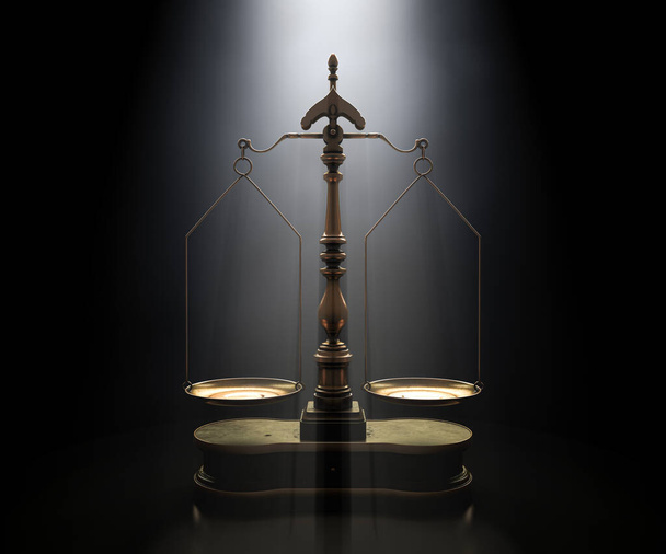 Ornate Messingwaagen mit Holzsockel auf dunklem launischen Hintergrund - 3D-Render - Foto, Bild