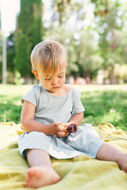 Mała dziewczynka z lodami w rękach siedzi na narzutce na zielonym trawniku - Zdjęcie, obraz