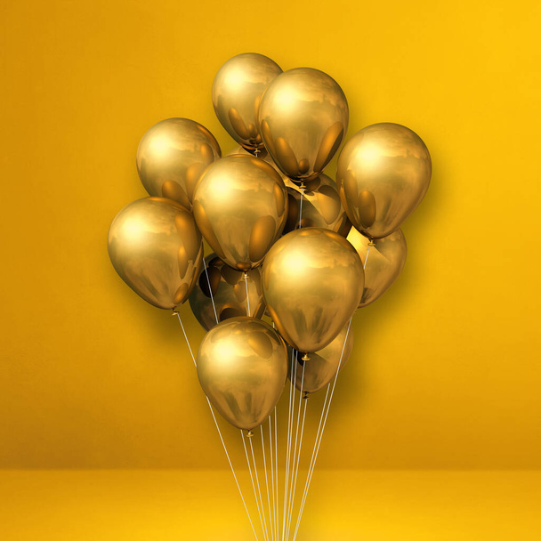 Gold balloons bunch on a yellow wall background. 3D illustration render - Zdjęcie, obraz