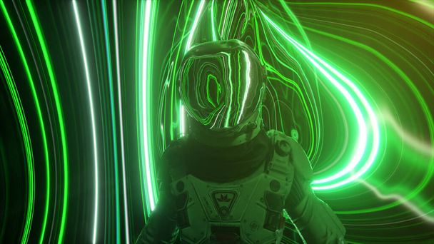 Astronaut in the fourth dimension. Neon surroundings and bright stripes. Interstellar. Sci-fi 3d illustration - Фото, зображення