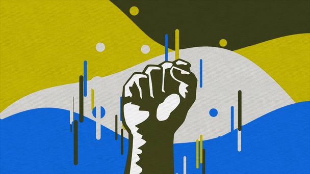Cartoon ontwerp van een mannelijke sterke vuist op een kleurrijke zwaaien eenvoudige achtergrond. Animatie. Concept van kracht, protest en woede. - Foto, afbeelding