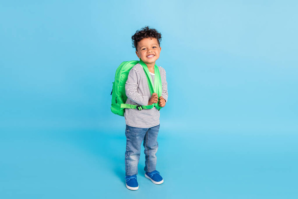 Full length body size view of nice cheerful boy going to first grade isolated over bright blue color background - Foto, Imagem
