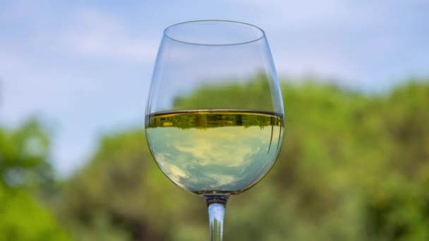 Glass of white wine against blue sky - Footage, Video