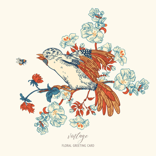 Vintage Vector Bird mit Blumen Grußkarte. Natürliche florale Illustration, florale blühende Textur. Botanische Regency-Karte. - Vektor, Bild