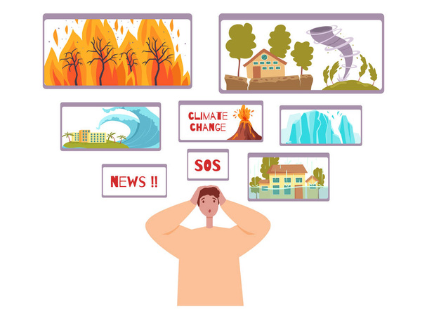 気候変動の概念背景フラット、漫画のベクトル。世界災害 - ベクター画像